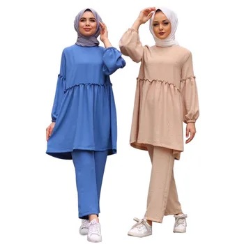 Ženy V Moslimských Dvoch-Dielny Set Soild Islamskej Loose Fit Mid-Dlhé Topy S Nohavice Ramadánu Abaya Vyhovovali Etnických Oblečenie