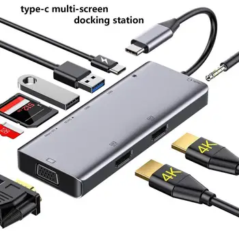 Dokovacia Stanica 9-v-1 Trojlôžková zobrazovacieho Adaptéra 2 kompatibilný s HDMI VGA PD3.0 Micro SD/TF Karty, Čítačky, 3,5 mm Audio USB-C Rozbočovač pre PC