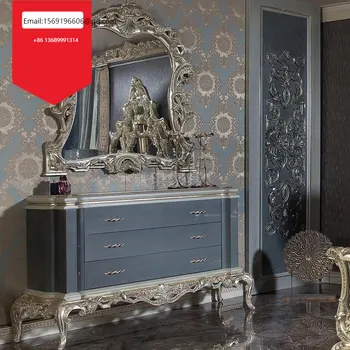 Európskom štýle masívneho dreva rezaním kvetom strieborné fólie toaletný stolík zrkadlo luxusný palác princess make-up tabuľky