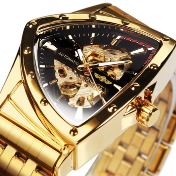 VÍŤAZ Trojuholník Kostra Gold Black Hodinky pre Mužov Automatické Mechanické Náramkové hodinky Nepravidelný Luxusná Nerezová Oceľ Remienok relogio