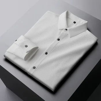 High-end luxusný biele tričko pánske non iron slim dlho puzdre tričko na jar a na jeseň nové obchodné bežné elastické tričko