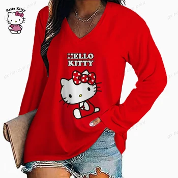Jarné Módne dámske Tričko Hello Kitty 3D Tlač Bavlna, Dlhý Rukáv Top V Krku Harajuku Bežné Oblečenie pre Ženy Nadrozmerné Čaj