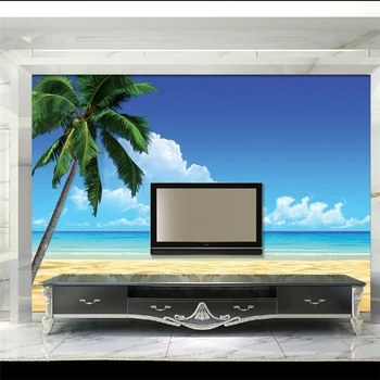 wellyu tapety na steny 3d Vlastnú tapetu Modrá obloha, biele oblaky more, pláž, kokosové palmy jednoduché na more, výhľad na pozadí na stenu
