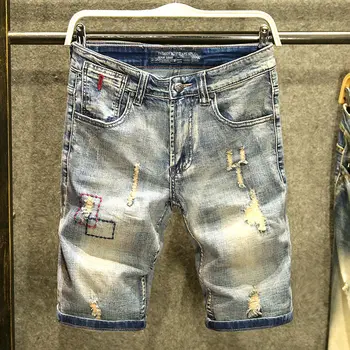 Letné roztrhlo denim šortky pánske módne slim päť-bod nohavice študent nostalgické retro šortky tenké časti mužov krátke džínsy