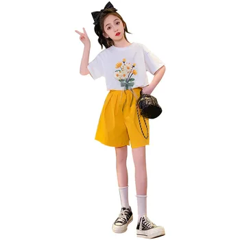 Letné Nové Oblečenie pre Dievčatá Biela Kolo Krku Kvetina Tlače Top + Žltá Elastický Pás Šortky 2ks detské Oblečenie Set sa 4-14 Y