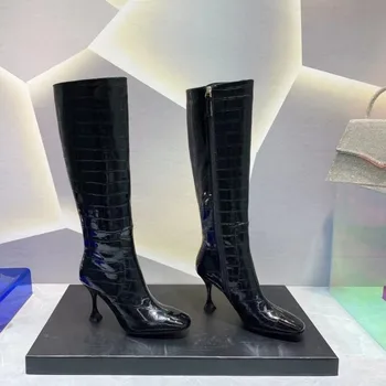 Stiletto Podpätky Black Fashion Koleno Topánky Ženy Originálne Kožené Módne Dámy Sexy Chelsea Boots Luxusné Značky Bielej Zimy Tkaných