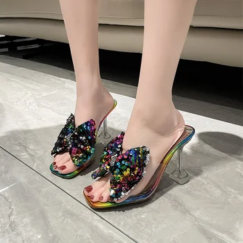 2023 Nové Elegantné dámske Super Vysokým Podpätkom Sandále Super Módnej Farbe Crystal Luk Papuče Bežné Ženy Strany Topánky Flip Flops