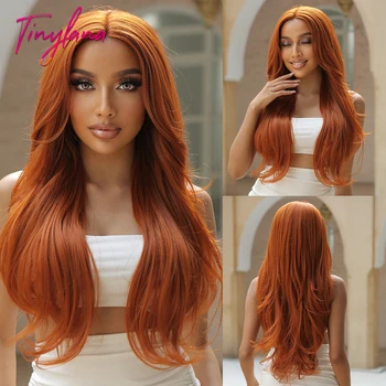 Orange Copper Brown Čipky Dopredu Syntetické Parochne Dlhé Voľné Vlny Čipky Čelnej Vlasy pre Ženy Afro Prírodné Cosplay Transparentné Parochňu