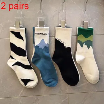 Ponožky dámske 2 Páry Osobné Asymetrický Tvorivé Trend Farebné Blokovanie Cartoon Športové Ponožky dámske V Trubice Ponožky HZ101