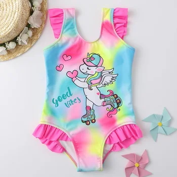 2-8 Rokov Batoľa Dievčatá jednodielne Plavky tie Dye Cartoon Jednorožec Tlač detské Plavky Prehrabať Výbava plavky plážové oblečenie