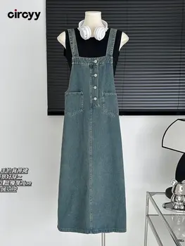 Circyy Šaty pre Ženy Šaty Vintage Denim Blue bez Rukávov Vrecká Voľné Podväzky Šaty Sladkých Dievčat, High Street